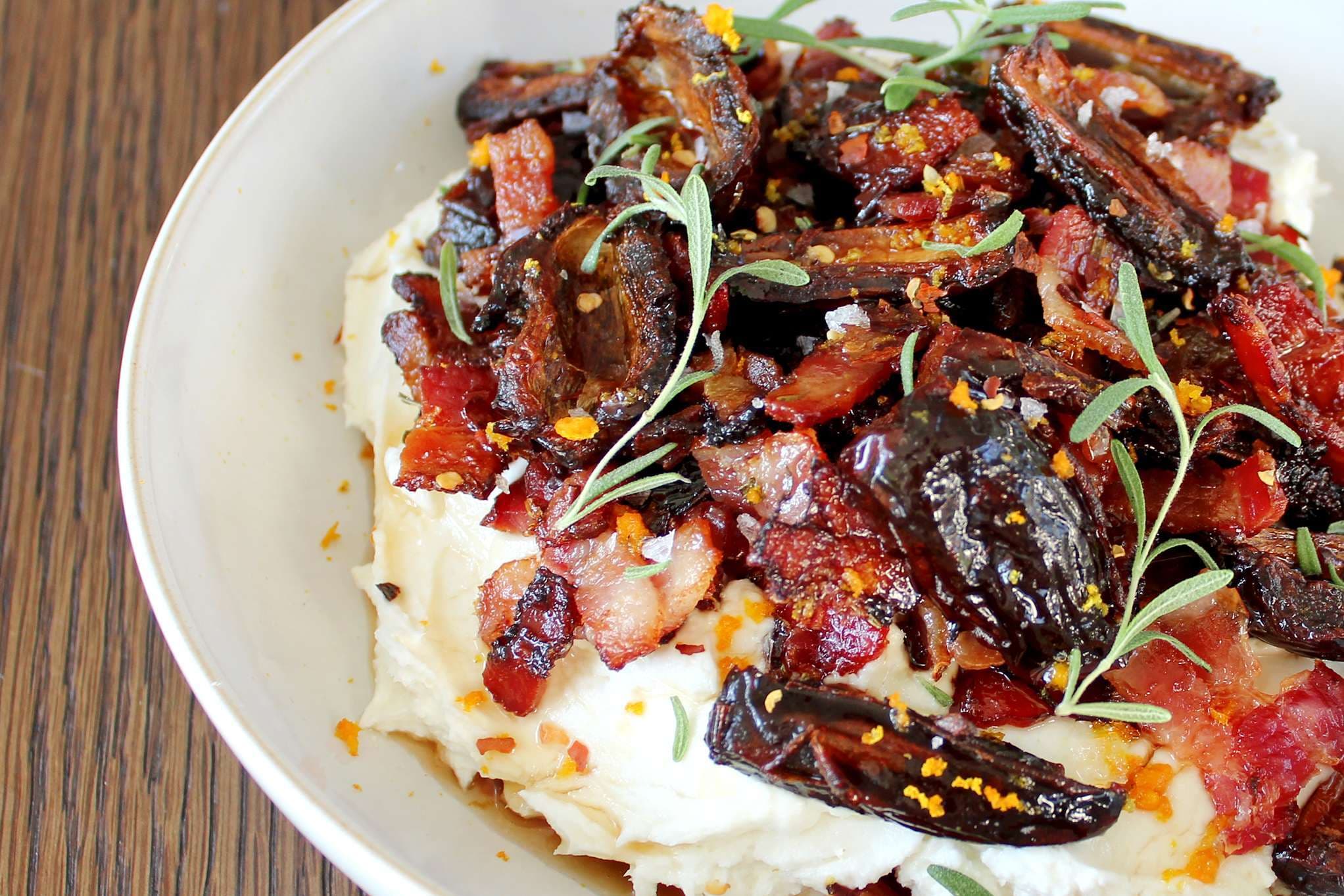 Whipped goat cheese with warm bacon and dates