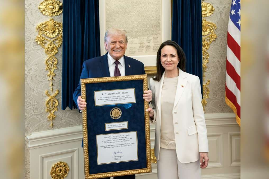 Venezuelan opposition leader presents Nobel Peace Prize medal to Trump during White House visit